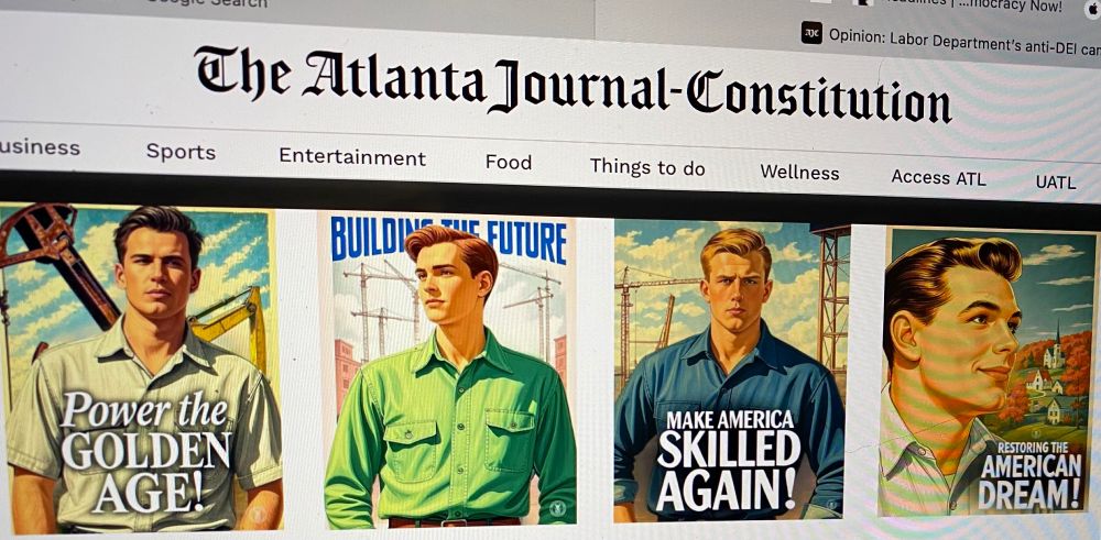 GOP Labor Department images in neo classical, German style of the 1930's of blonde blue eyed chizled men with slogans including Power The Golden Age & Make America Skilled Again