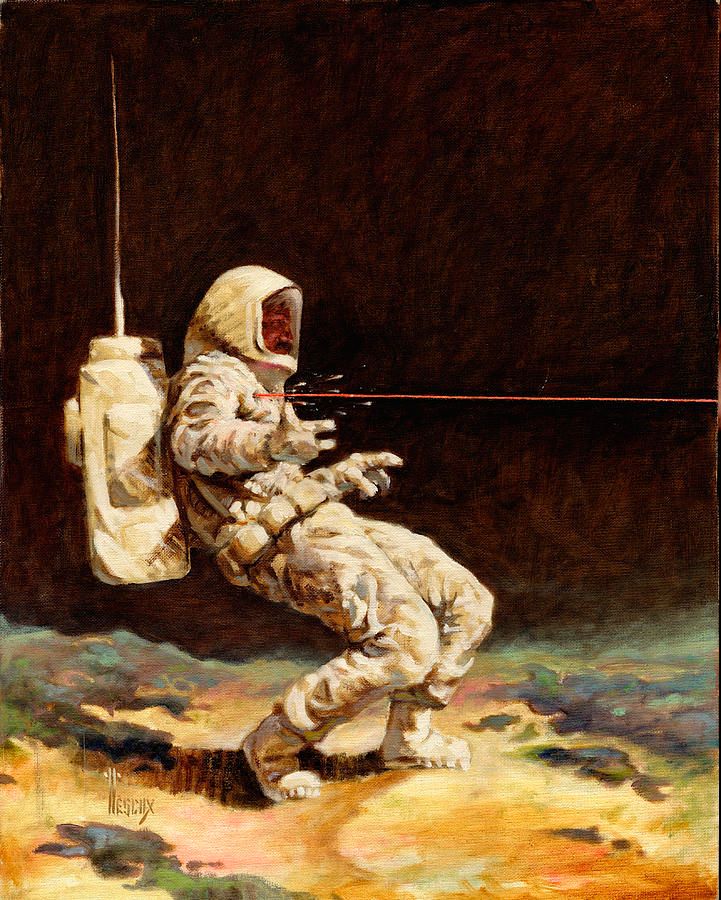 An astronaut with a mustache in a spacesuit recoils as a speeding bullet hits him from off screen.