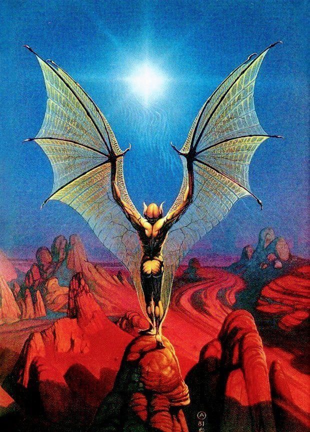 A naked humanoid being faces away from the viewer, spreading their huge bat wings while standing on the top of a spire above a red desert steppe. 