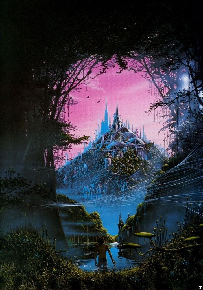 A shirtless man wades through a swamp with cobwebs in it, headed towards a futuristic city with trees growing all over it. Tim White's 1979 cover to Lord of the Spiders, by Michael Moorcock.
