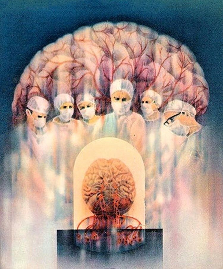 Six doctors in medical masks and hair nets stare at a brain in a glass tube in front of them. Behind them is another huge brain, collage-style.