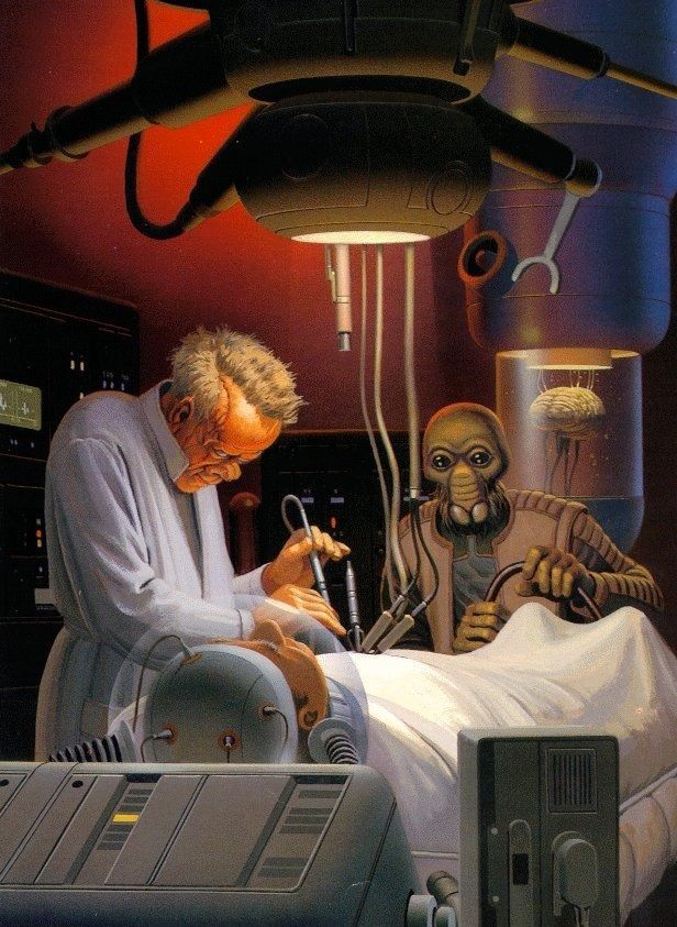 A doctor with a botched face and his bug alien assistent operate on a guy in a room with sci-fi medical equipment including a brain in a vat.