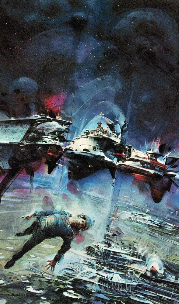 A shocked guy floats in space without a helmet, near two spaceships in a maroon and blue outer space while orbiting above a sprawling futuristic city.
