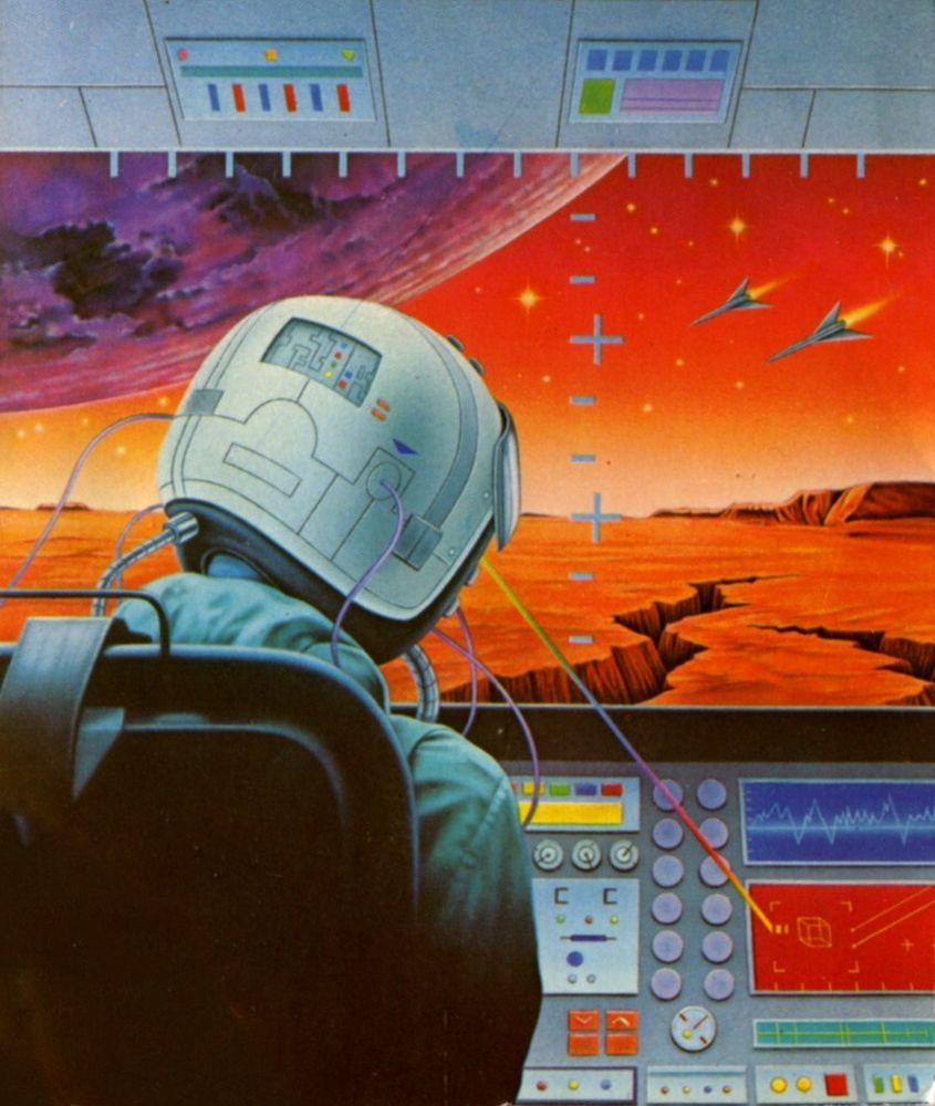 A helmet-clad pilot has their back to the viewer, looking through the window of their spaceship. The entire bottom third of the image shows the control panel, with plenty of buttons, dials, and radar screens. Through the window is a cracked alien desert landscape. The red sky has two spaceships and purple planet in it.