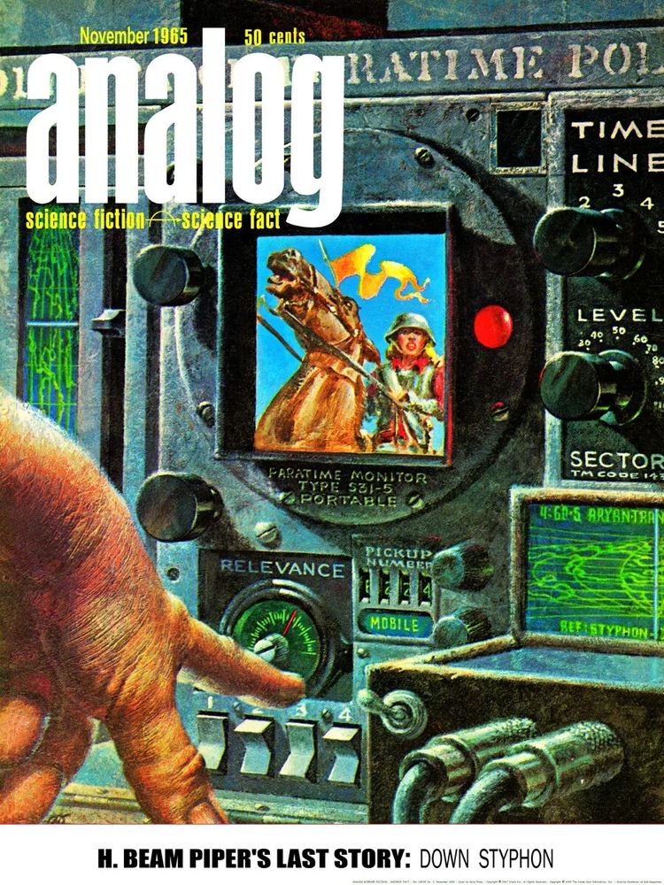 A hand reaches to flip a switch on a chunky control panel that includes a "paratime monitor" screen featuring a person with long blonde hair riding a horse while wearing ancient armor and holding a yellow pendant. Other controls include a dial labeled "timeline" that can be turned to the numbers 1 through 5, a "relevance" radar screen, a "pickup number" reader, and assorted screens and knobs.
