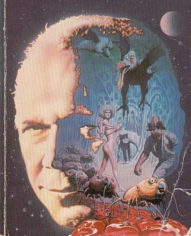 Half of a man's head is imposed against a collection of sci-fi elements including an astronaut, two flying creatures, and a troop of beaked bug-like aliens.