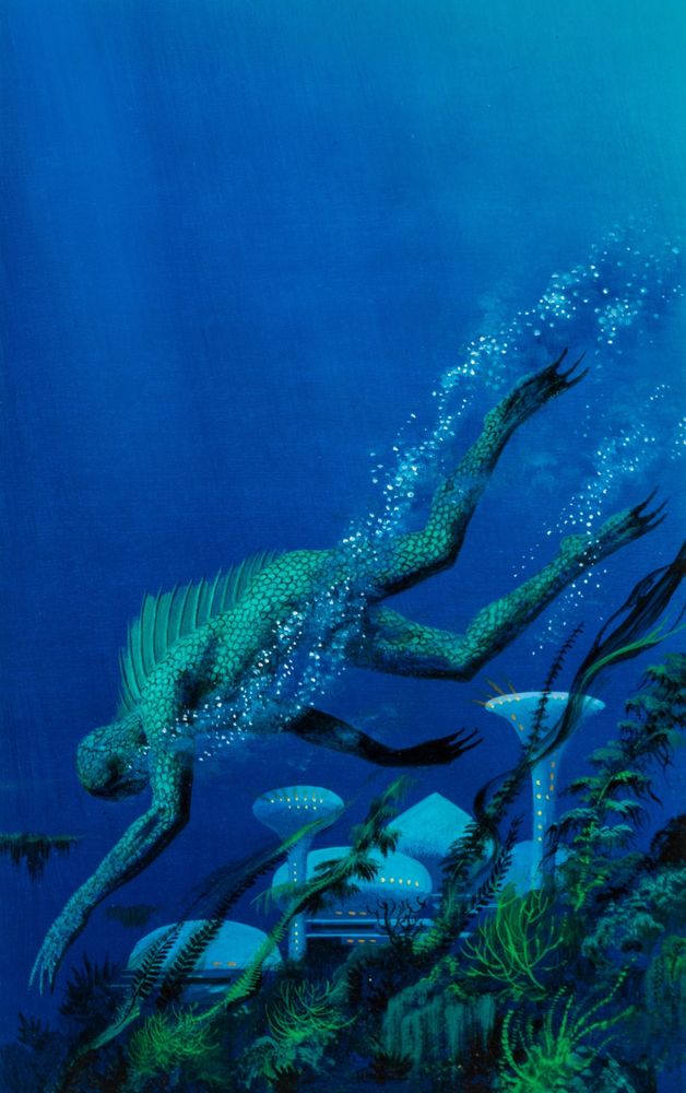 A fish-person swims downward through a blue ocean, with sea weed and an underwater futuristic city in the background.