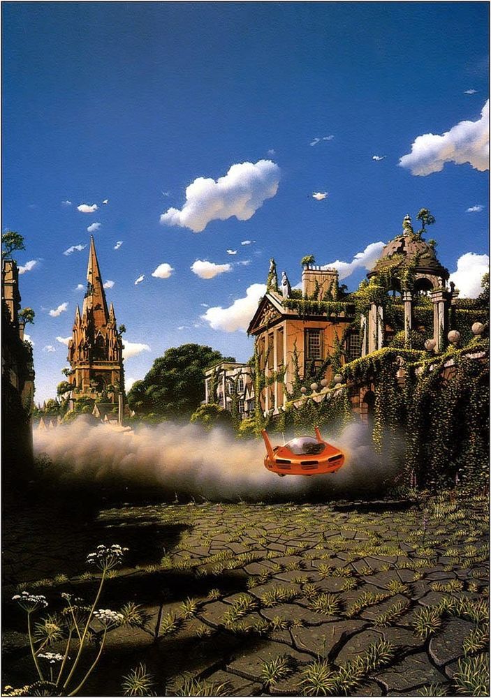 A red spaceship flies close to the ground through the overgrown streets of an ancient city.