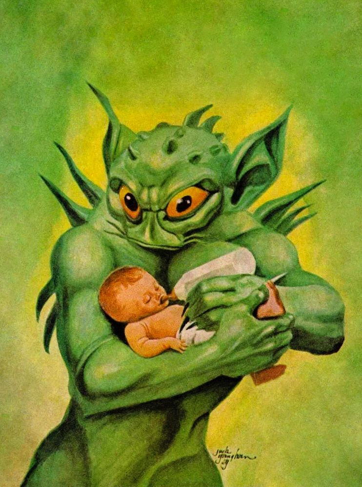 A fish person holds a human baby in one arm and feeds it baby formula with the other hand.