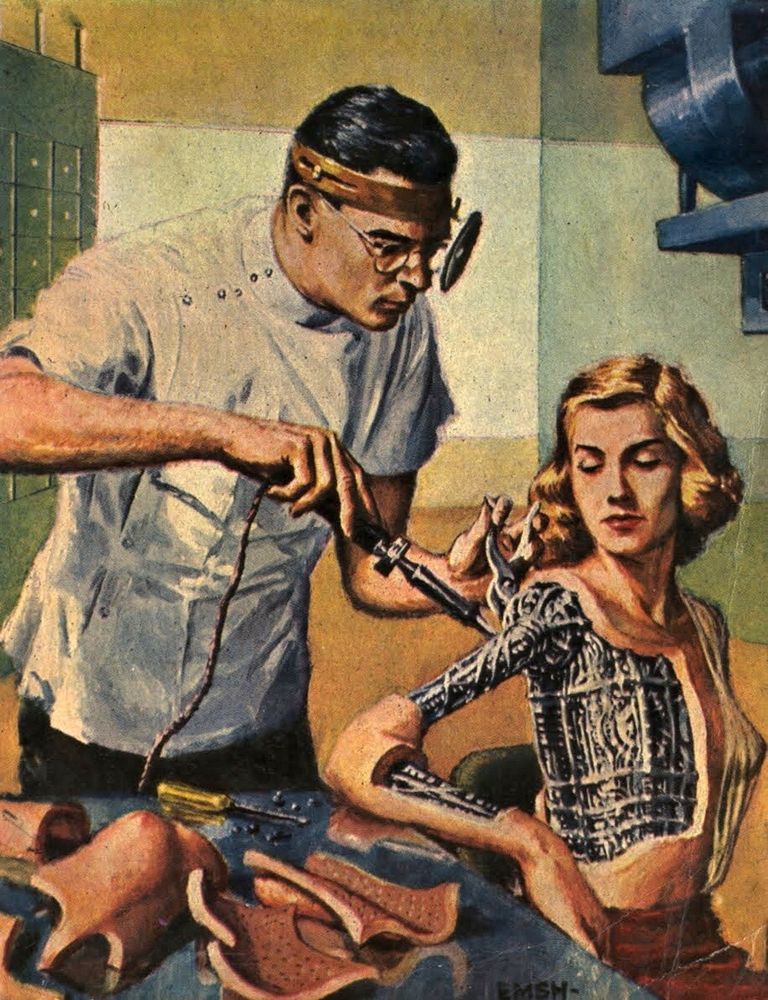 A 50s-era doctor uses a soldering iron on the wire frame of a blonde robot woman, whose skin-like epidermis has been partially removed and lies on the nearby steel table top.