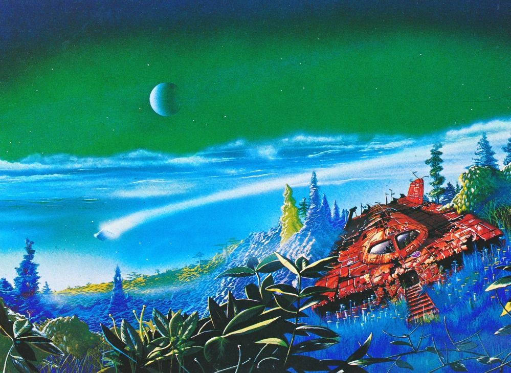 A decaying red spaceship lies in a blue alien meadow. Tim White's 1974 cover art for Monument, by Lloyd Biggle Jr.