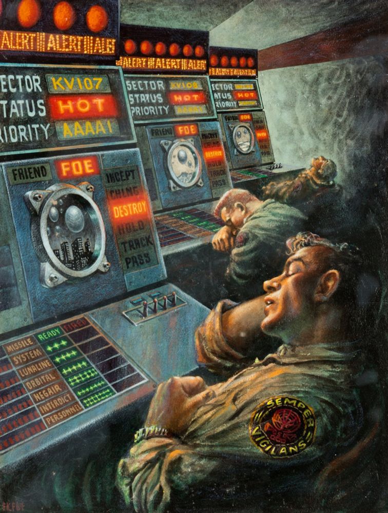 Three soldiers all sleep while at their stations, each of which has a round screen depicting spheres hovering over a major city, alongside flashing instructions saying "Foe," "Destroy," "Status: Hot" and "Priority: AAAA1." The nearest soldier has a shoulder patch reading "Semper Vigilans."