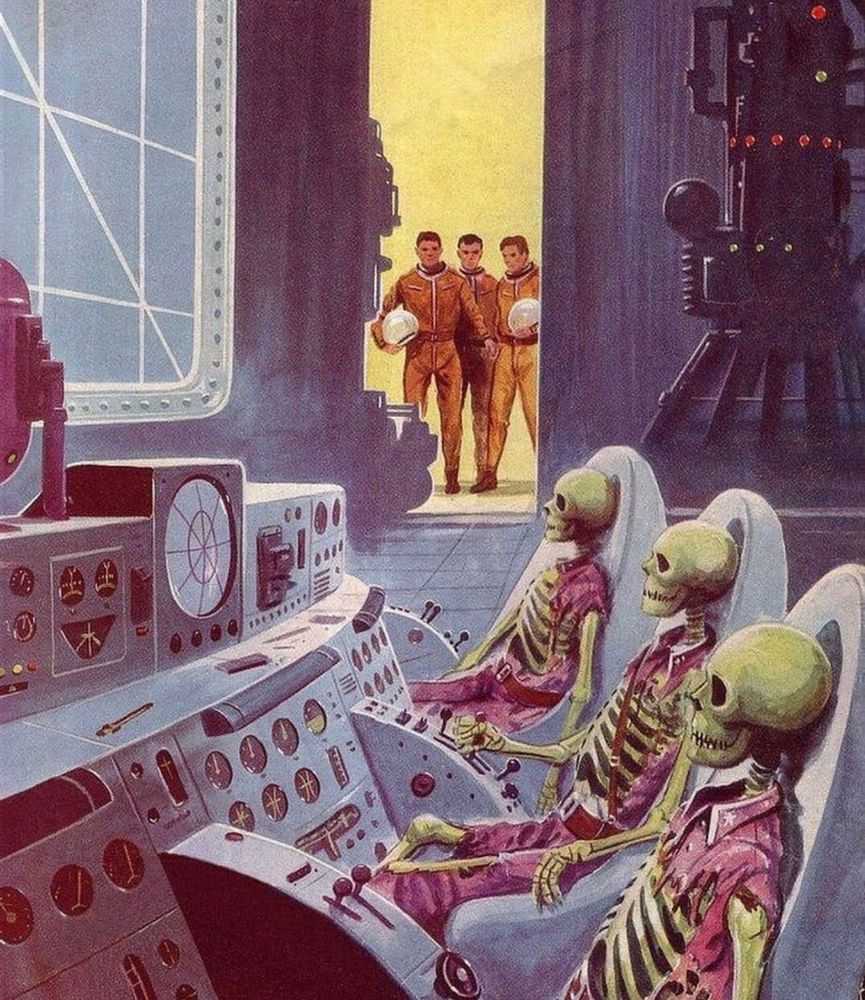 Three greenish skeletons sit in tattered purple suits. One still holds a crank on a big control panel with radar screens and cranks. They're in a big machine room, and three living astronauts in orange spacesuits watch from a doorway.
