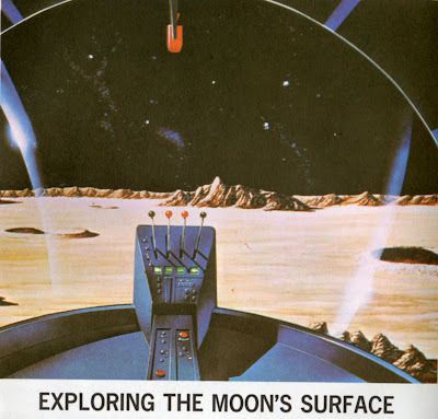 A flat yellow moonscape, seen through a glass dome in a vehicle of some sort, with a control panel at the bottom center, complete with lights, buttons, and four gear sticks.