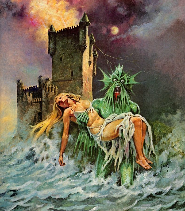 A roaring fish person with a bloody mouth hold an unconscious woman while knee-deep in sea water, with a moon-lit castle and lightning storm in the background.