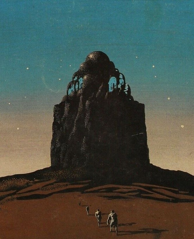A line of four figures trudges towards a weird warped building on a black rock in a desert under a blue sky.