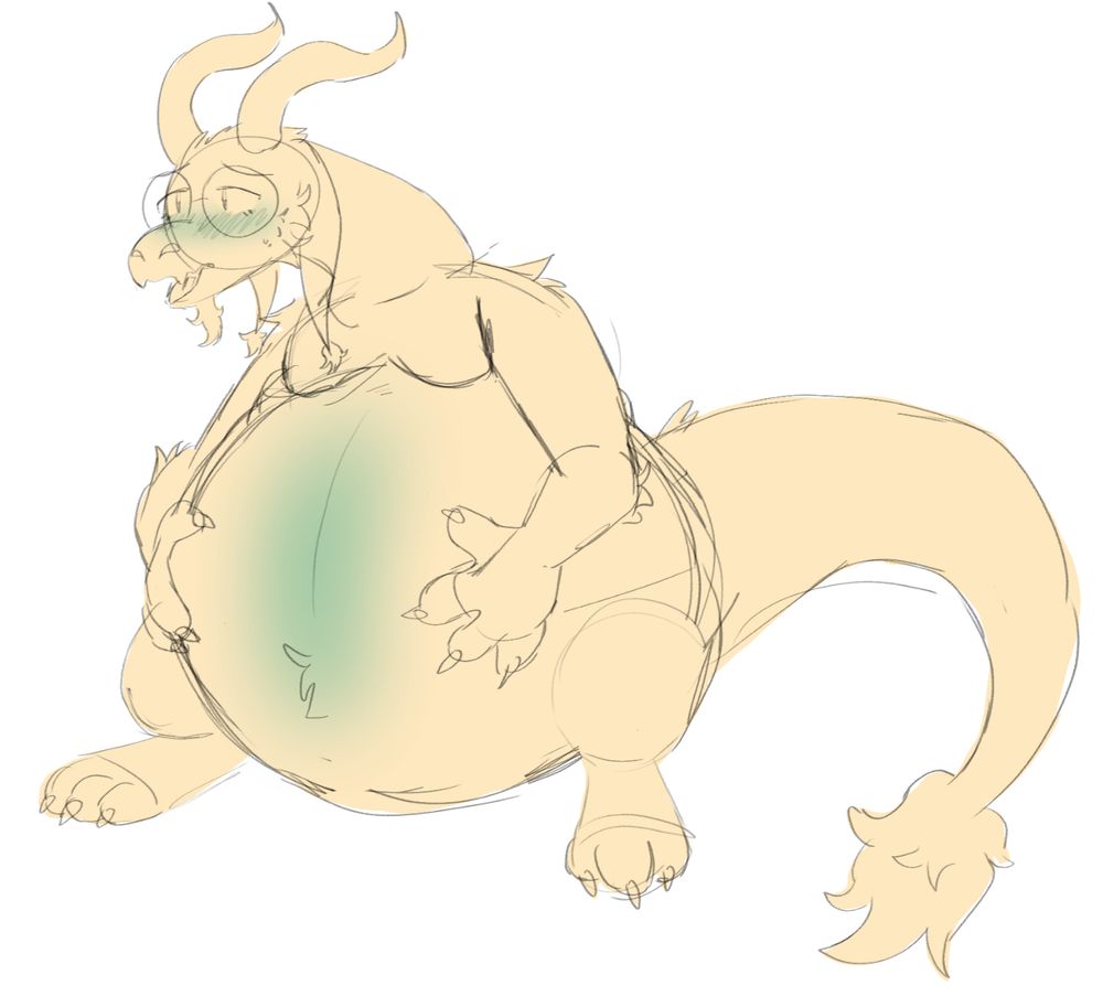 a drawing of a yellow dragon with a particularly swollen belly they are blushing greenish blue on both their belly and face