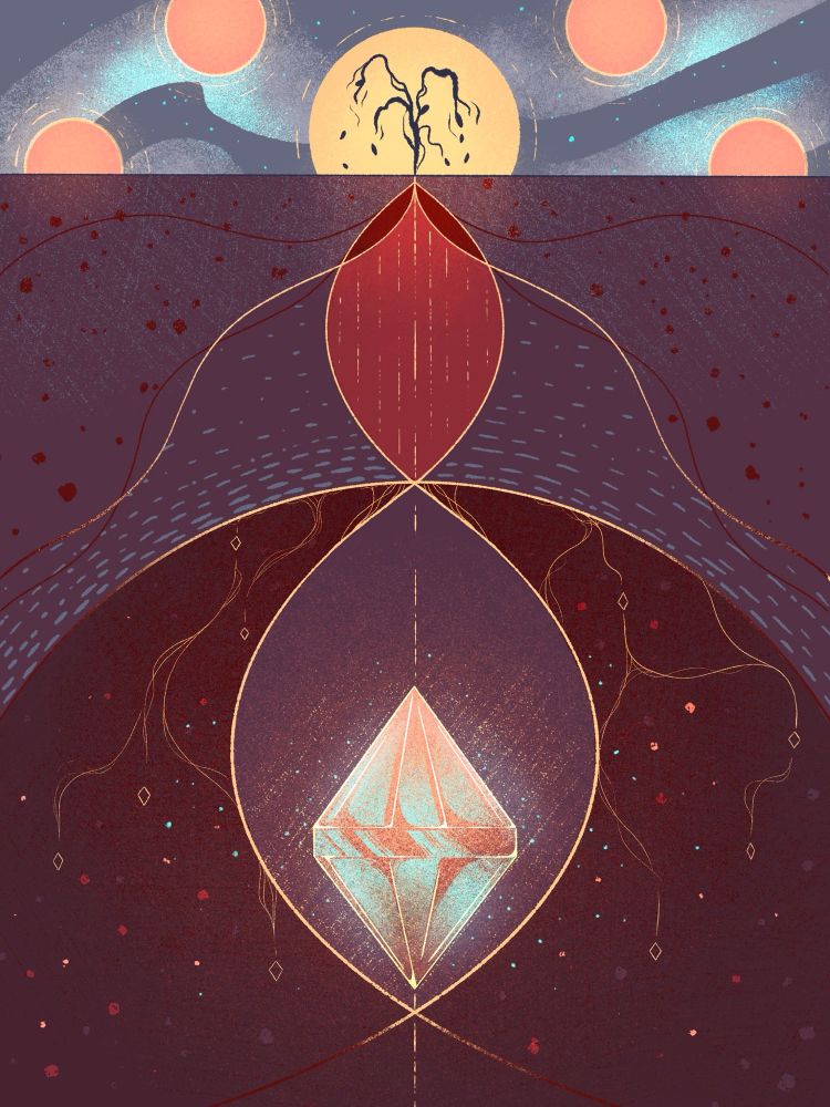 an illustration of a dying plant’s roots shooting deep into the ground and encircling a giant, glowing gem. colorful texture and sparkles are buried around the gem