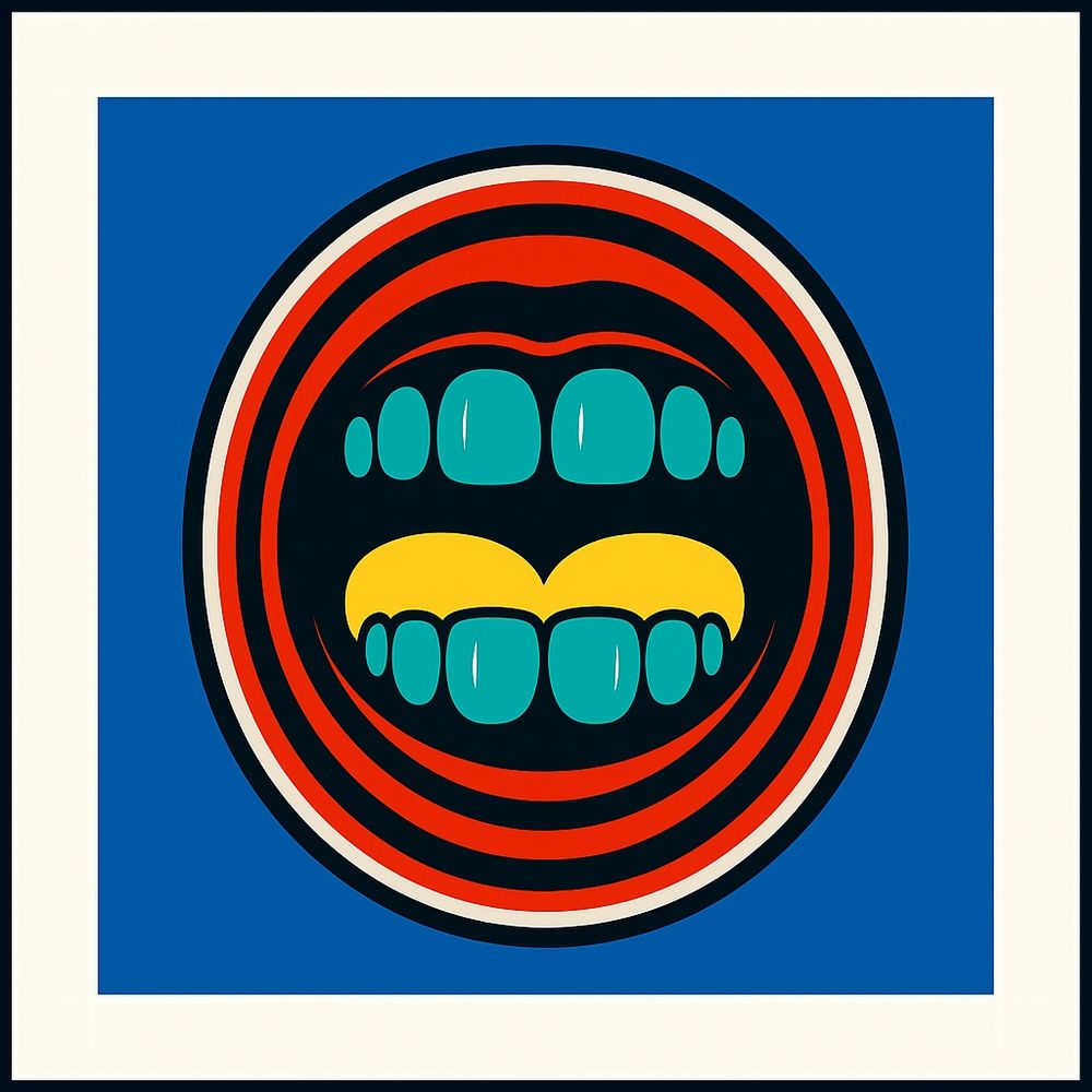 Big red mouth with turquoise teeth art