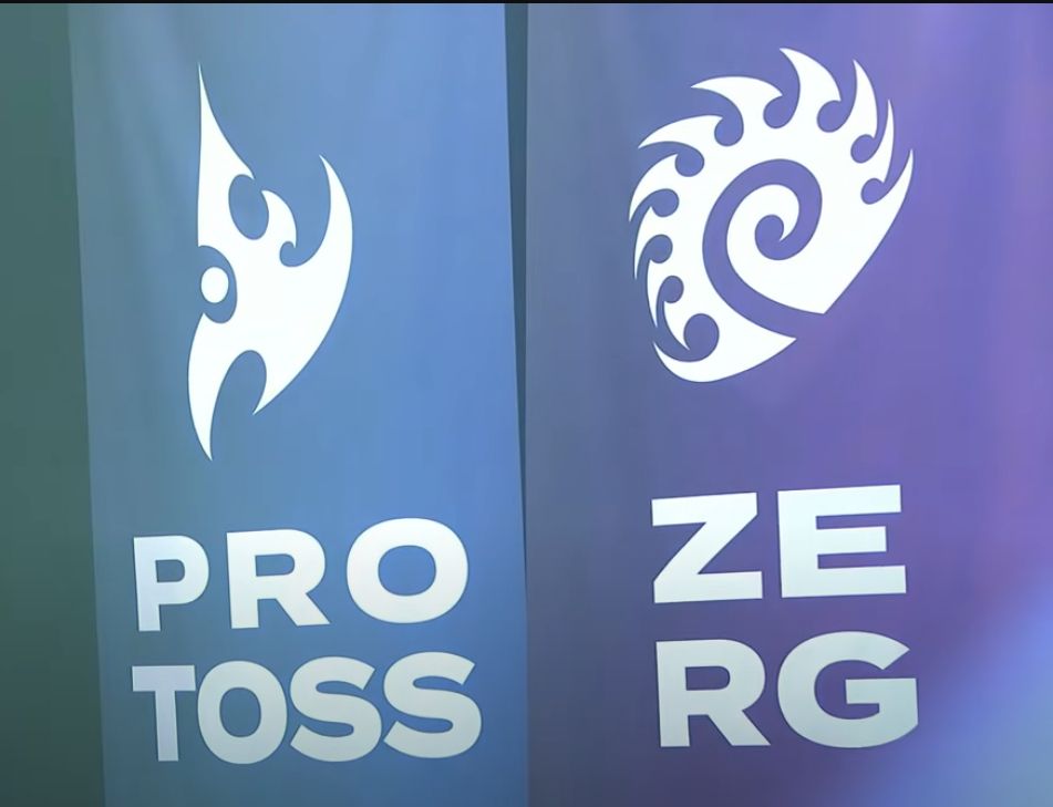 Two banners hang down representing factions from StarCraft Brood War. 1 is Protoss the other is Zerg. The text is cut in half in each banner so line one is Pro and 2 is Toss. Likewise the other banner is Line 1 Ze and line 2 RG. Reading left to right and top to bottom would be Proze Tossrg.