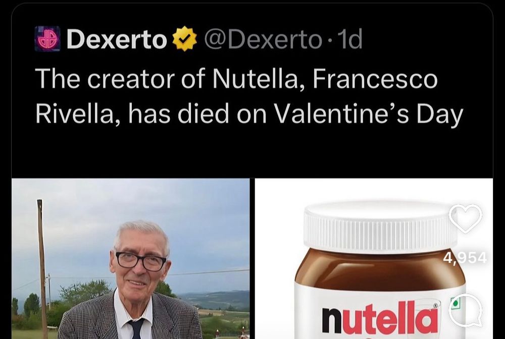 Screenshot of a tweet: “The creator of Nutella, Francesco Rivella, has died on Valentine's Day”