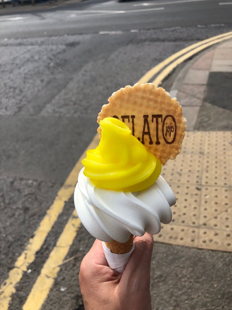 A lemon top - soft serve ice cream with lemon sorbet on top. A Teesside speciality. 