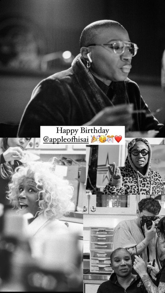 several black and white photos of Aisha Hinds on set of 9-1-1 with Happy Birthday in the middle