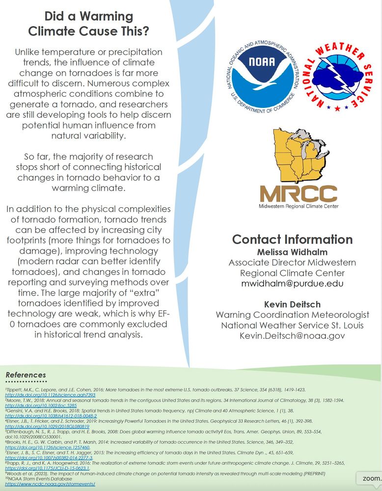 The second part of the infographic explaining why climate attribution science is so challenging to apply to tornadoes: relatively small and very-short lived events compared to, say, a wildfire, hurricane, or heatwave.