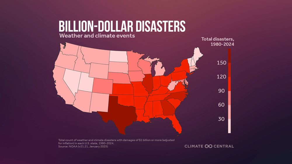 A map showing which US states experience the most billion-plus dollar weather and climate disasters.