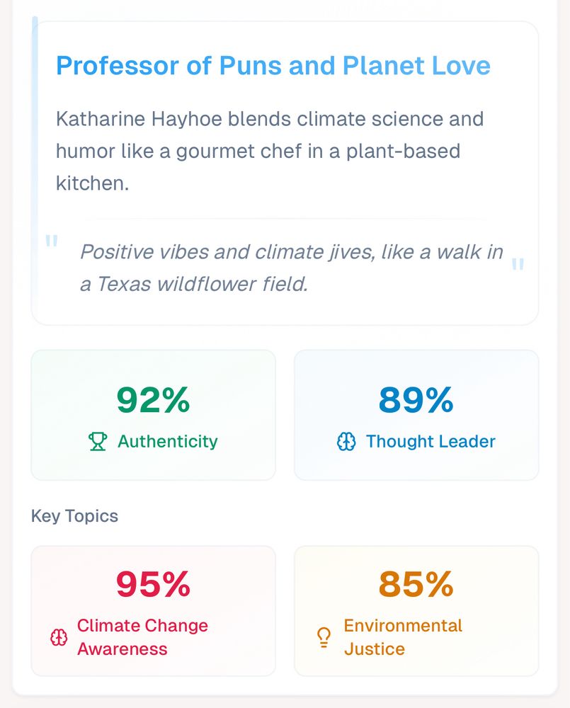 According to the blue sky roast tool, I “blend climate science and humor like a gourmet chef and a plant-based kitchen”. My account offers “positive vibes and climate jives, like a walk in a Texas wildflower field.”