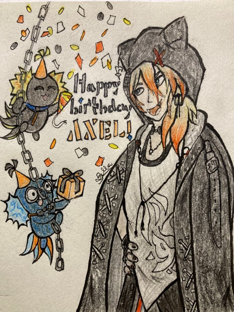 Traditional drawing of Axel Syrios in his second outfit watching as two Axelotls swinging on a chain celebrate. The Axelotl on top has a party popper that is showering Axel with confetti. My Axelotlsona on the bottom is handing him a gift