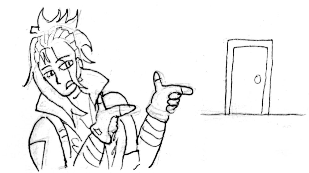 Drawing of Goldbullet pointing at a door