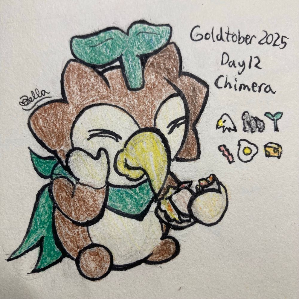 Traditional drawing of Beccy the bubby eating a bacon egg and cheese sandwich. All the components of a bubby (eagle, gorilla, and plant) and a BEC are to the right of Beccy