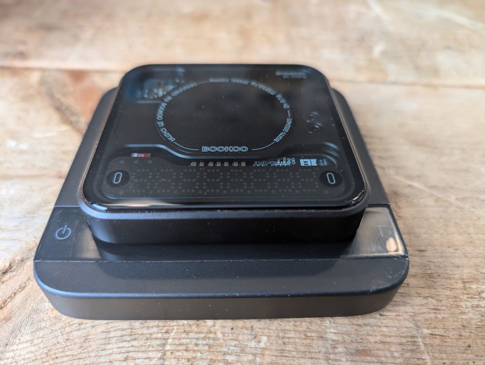 Bookoo Themis coffee scales on top of Acaia Lunar