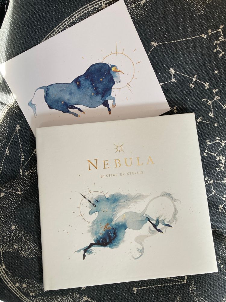 Picture of an artbook called « Nebula » with a shiny unicorn on the cover, and a print if a blue bull speckled with constellations, by artist Elk