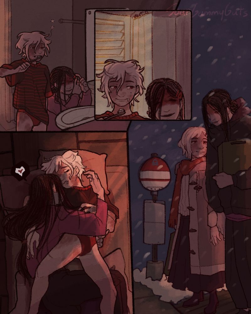 Two characters from the game  Homicipher living together. The Main character and Mr. Crawling. Various panels that show them spending the day full of love. 

Top left: it's early morning as MC brushes her teeth. Crawling, on his knees next to her, puts something in his hair. Next panel shows their reflections. Mc smiles fondly as Crawling pops into view. He's wearing her hair clips! 

Bottom left: Top-down view of a futon on tatami flooring. Mc and Crawling are laying together. Mc dozes peacefully, splayed out in an awkward position. The blankets kicked off at her feet. Crawling has his arms wrapped around her. Lovingly watches her sleeping face. He just woke up. 

Right: Late at night, it's snowing heavily. The two are at a japanese bus stop, standing side by side. Both hold grocery bags, MC looking up at Crawling as he speaks. 