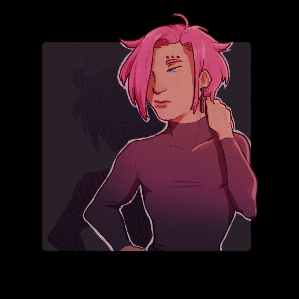 A pink haired man stands, seemingly bored, and looks off to the side. He wears a tight turtleneck shirt, and has piercings along his left brow and ear. He has pink hair with bangs covering one eye. A light shines on Asriel, revealing a horned shadow just behind him. Hints at a demonic nature being hidden. 