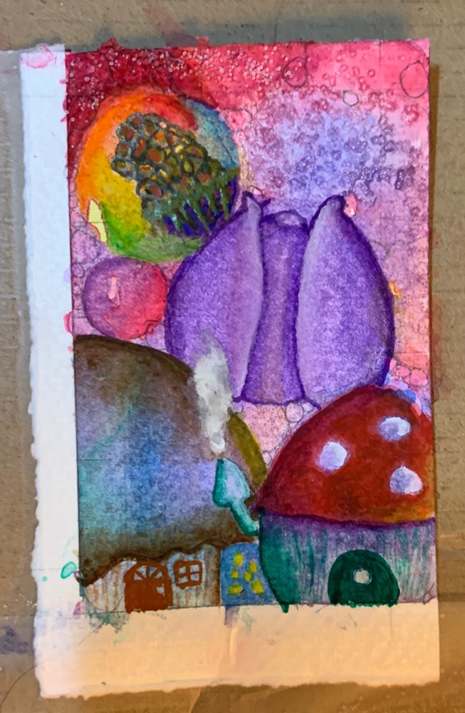 Watercolor WIP by Twitch streamer GoddessWhispers. Started out circles, filled with #watercolors. Is turning into faerie homes, a giant flower spewing magical stuff, a floating rock island inside a bubble on top a smaller bubble. So far anyway...😁. To be continued on Sunday's livestream, 10/26 from 9am - 12pm PST at Twitch.tv/GoddessWhispers