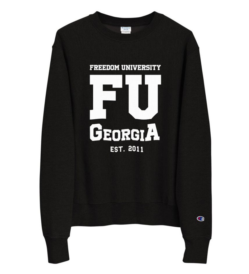 Screenshot of a sweatshirt. FU GeorgiA is prominently displayed - above in smaller text, 'Freedom University', an Atlanta-area organization helping undocumented folks get higher education, and below, 'Est. 2011'