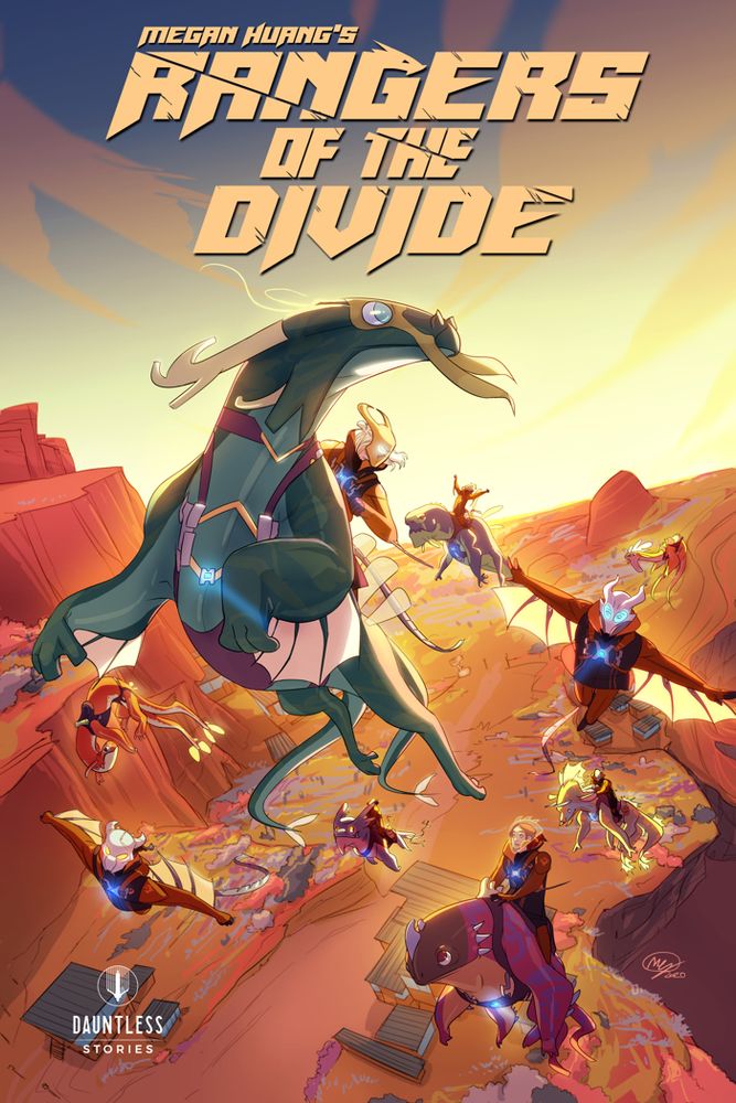 This is the cover art for Megan Huang's Rangers of the Divide, published by Dauntless Stories. The illustration bursts with energy, featuring an expansive sky and a breathtaking array of airborne creatures, each ridden by skilled warriors. The warm, golden hues of the sunset contrast beautifully with the sleek, futuristic armor and the organic, dragon-like forms of the creatures. The composition radiates motion, drawing the eye toward the lead ranger and their majestic mount, suggesting an epic adventure unfolding in a vast, untamed world.