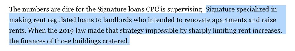 The numbers are dire for the Signature loans CPC is supervising. Signature specialized in making rent regulated loans to landlords who intended to renovate apartments and raise rents. When the 2019 law made that strategy impossible by sharply limiting rent increases, the finances of those buildings cratered.