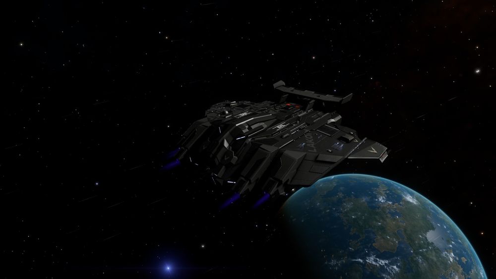 a large black spacecraft is centered in this screenshot from Elite Dangerous. The Type 10 is firing purple retrothrusters as it slows down, with a blue and green earth-like world in the background