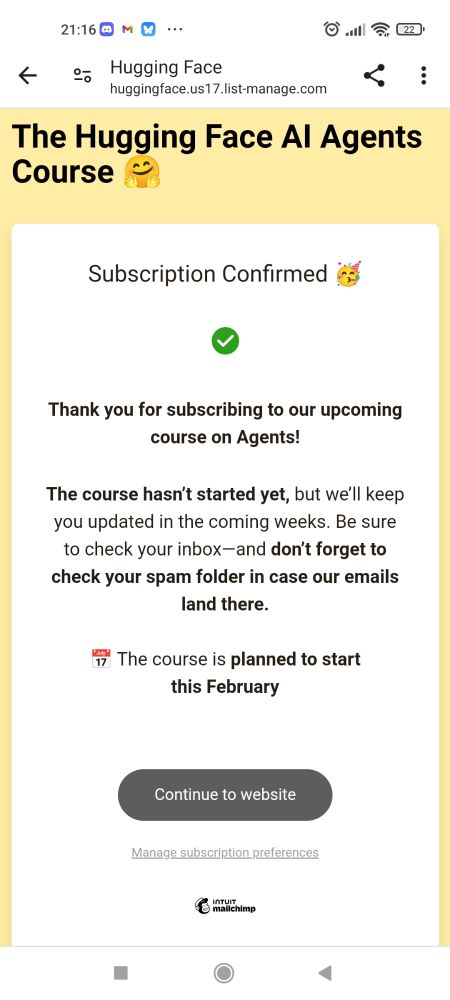 Message de validation d'une inscription au cours d'hugging Face sur les Agents IA