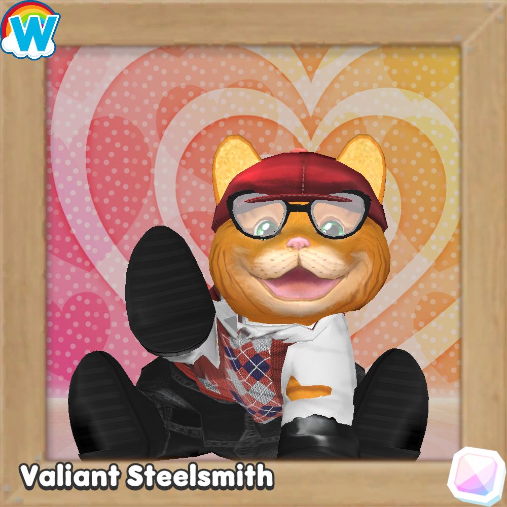 A waving and smiling orange tabby Webkinz named Cheddar dressed like an elderly golfer. My Webkinz Next world name, Valiant Steelsmith, is visible on the bottom left corner.