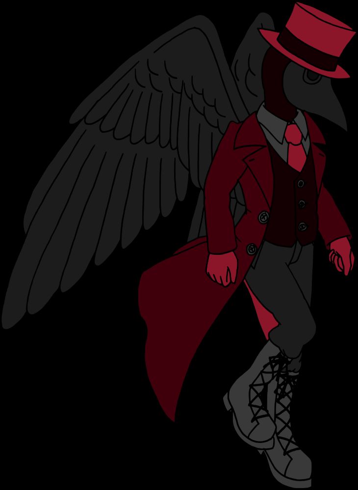 A black-winged man with a plague doctor's mask dressed in red and black formal wear.