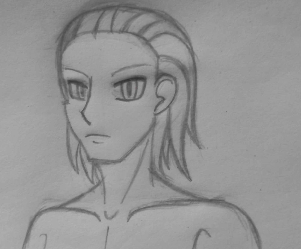 A close-up pencil sketch of a skinny young man with slicked back hair.