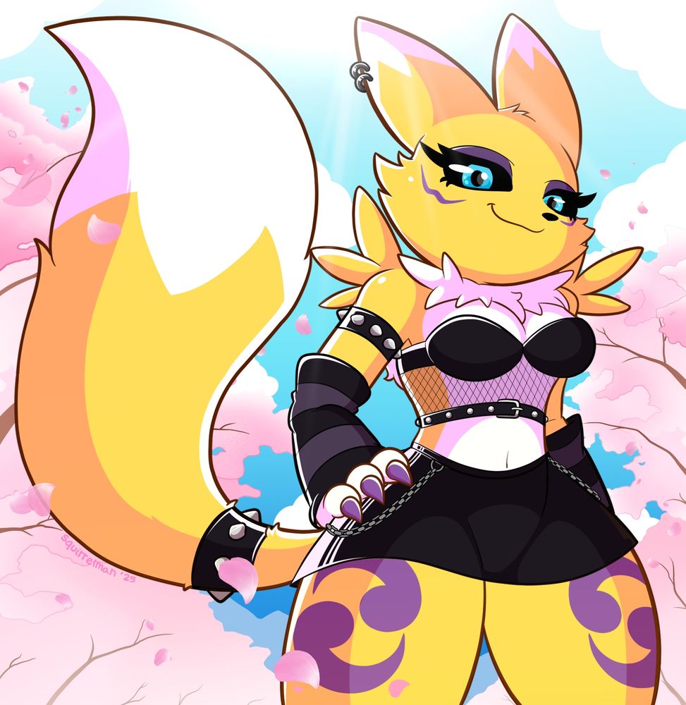 Renamon from Digimon Tamers as a goth girl. Cherry blossoms in the background. Squirrelman 2025.