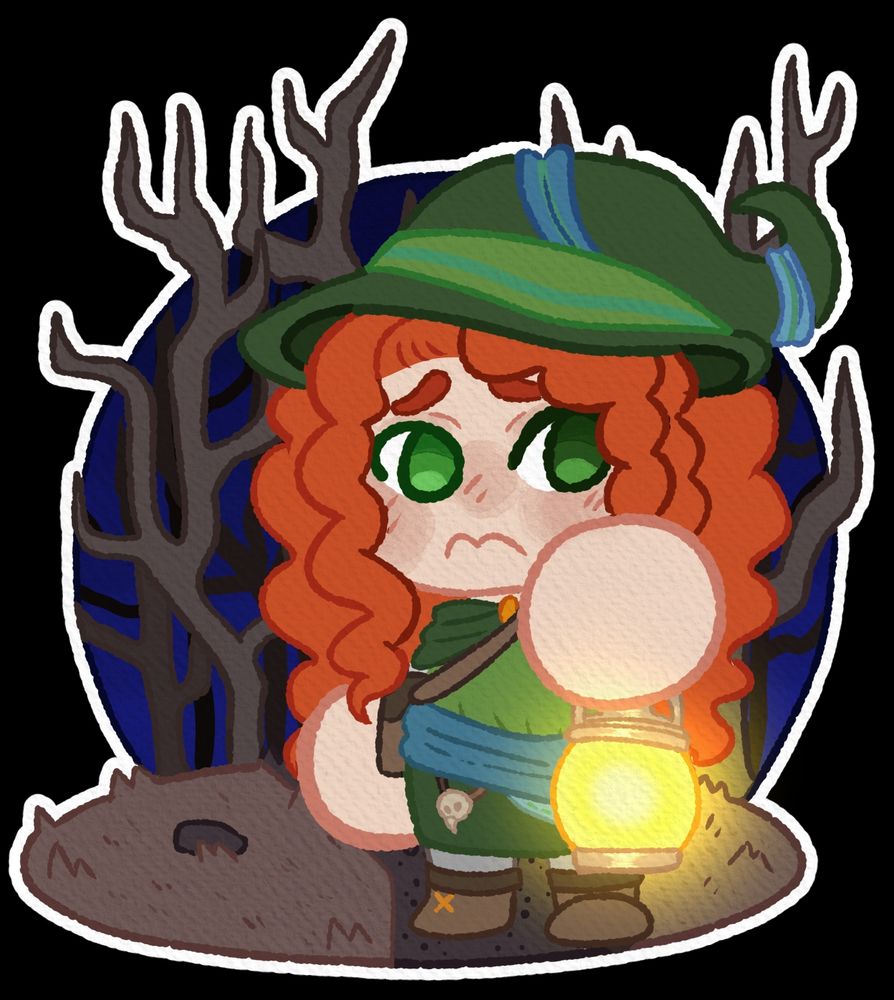 Kaet nervously holds a lantern in a dark and spooky forest. 

Easter egg: Kaet is not the only Witch of the Whitehorn Woods, and she has made alliances with some of the past residents of the giant forest...