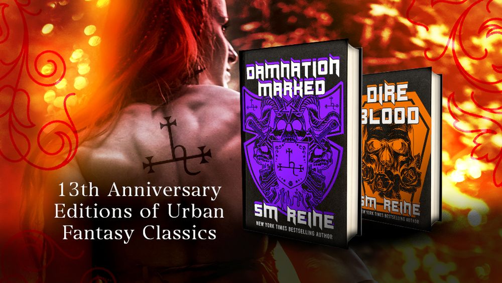 A banner featuring a muscular woman's back with a tattoo on it. There are also two books entitled "Damnation Marked" and "Dire Blood," which look very cool. The covers are like creepy skull tattoos or something. There is also the text "13th Anniversary Editions of Urban Fantasy Classics"