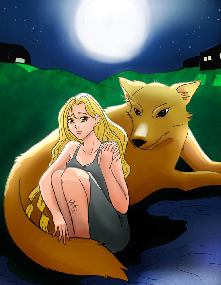 A blonde girl sitting with a huge golden wolf beside a pond 